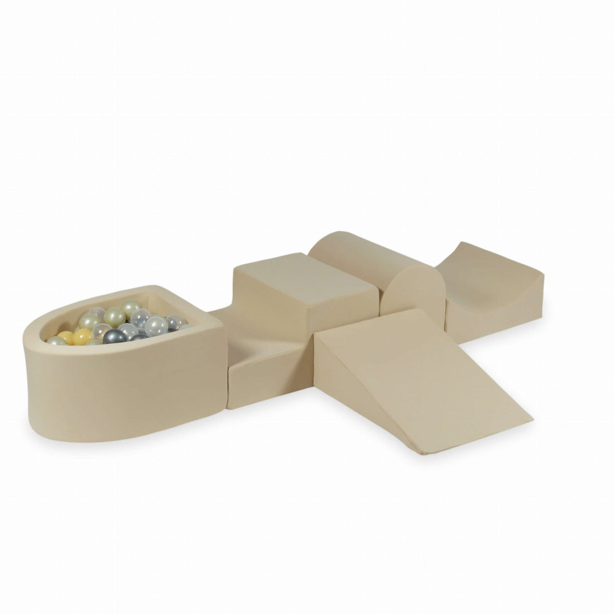 Jeu en mousse avec colline et micro-piscine beige + 100 balles (transparent, effet sirène, or clair, argent, beige)