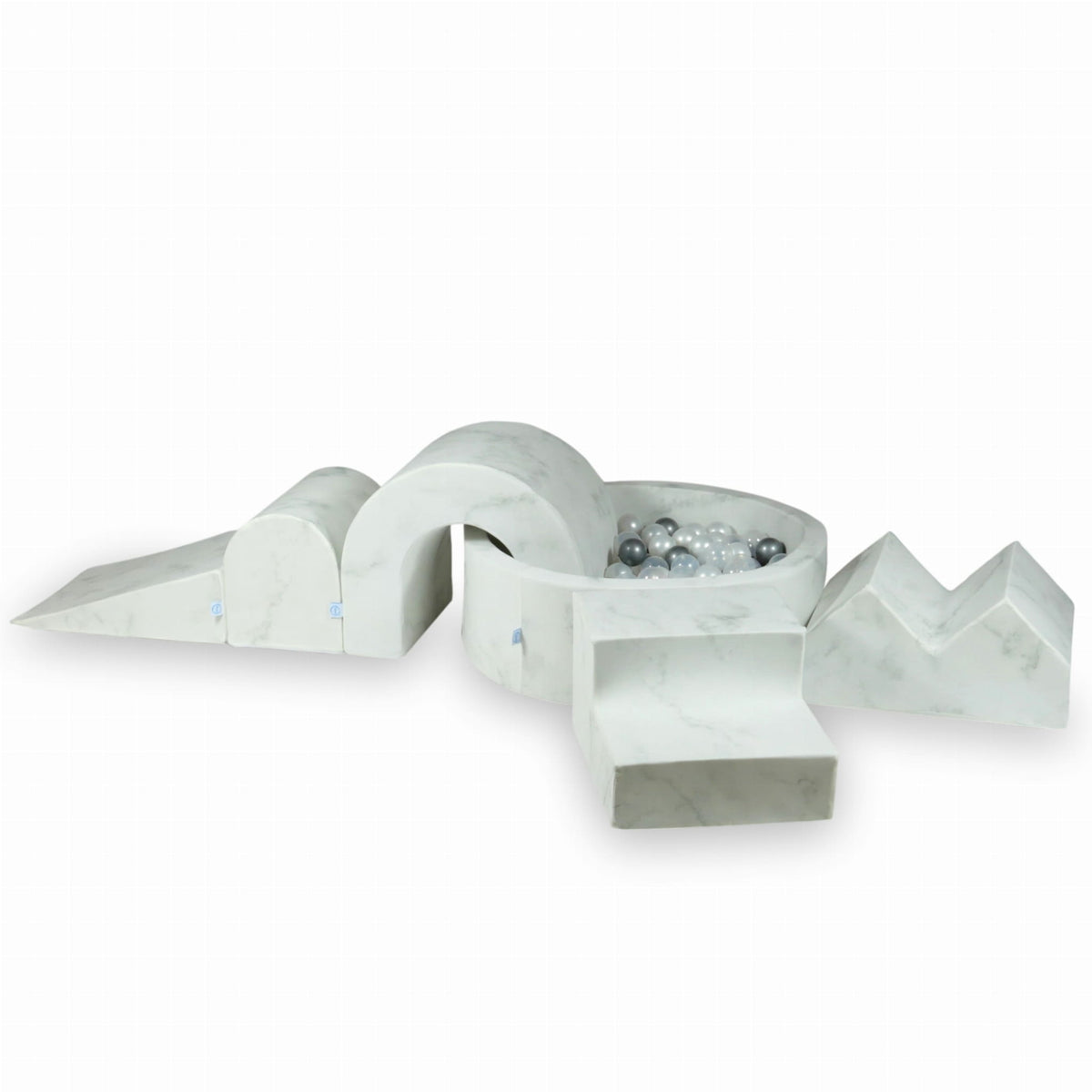 Jeu en mousse avec piscine ronde 90x30 Marmur + 5 éléments + 200 balles (transparent, perle, argent)