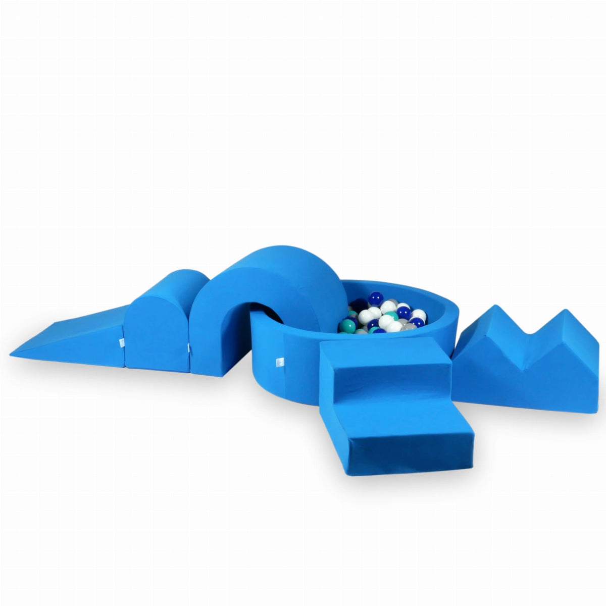 Jeu en mousse avec piscine ronde 90x30 Bleu + 5 éléments + 200 balles (blanche, grise, turquoise, bleue)