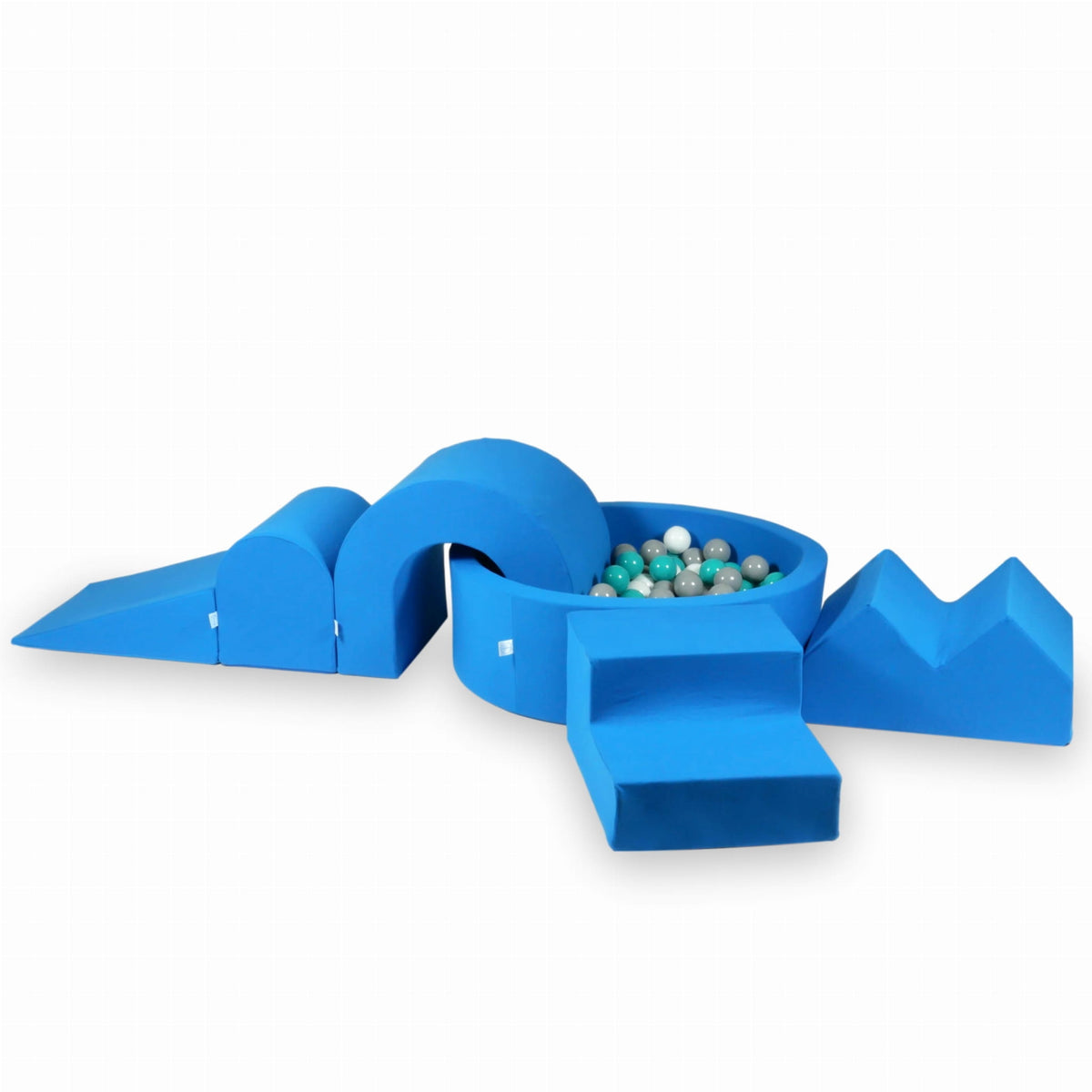 Ensemble de jeux en mousse avec piscine ronde 90x30 Bleu + 5 éléments + 200 balles (blanche, grise, turquoise)
