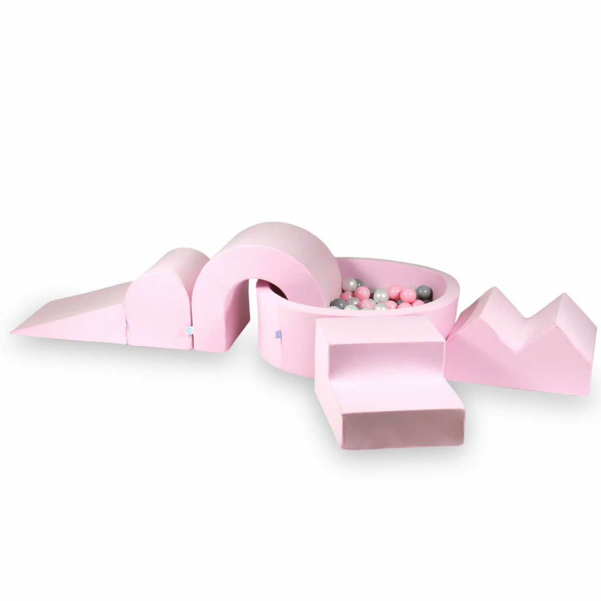 Ensemble de jeu en mousse avec piscine ronde 90x30 Rose Poudré + 5 éléments + 200 balles (transparent, blanc, menthe, bleu bébé)