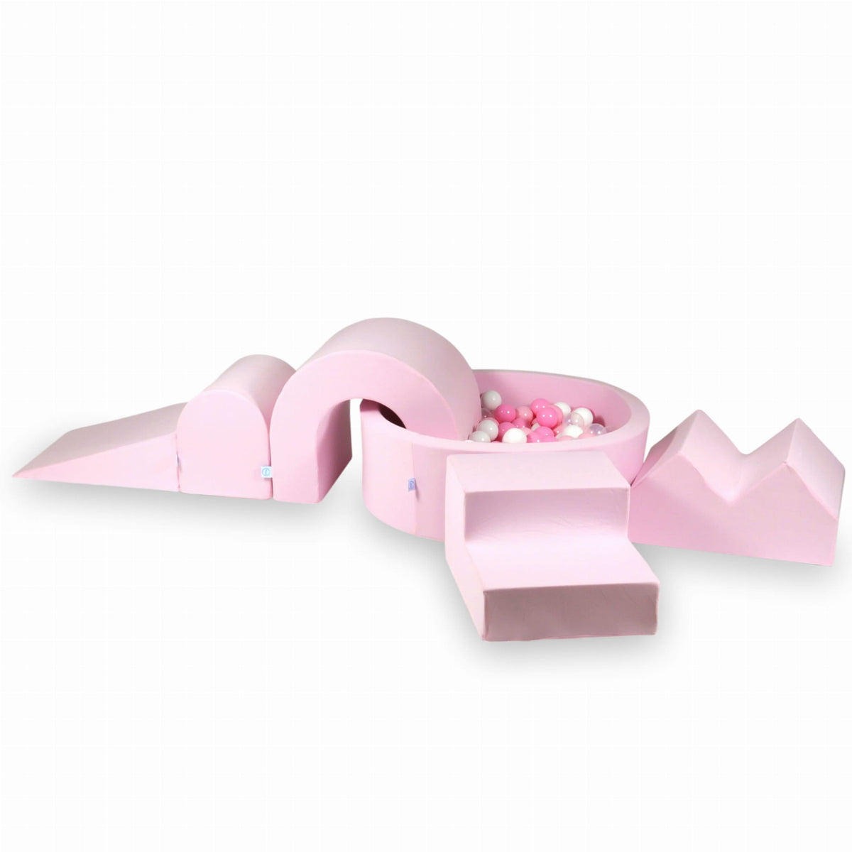 Ensemble de jeu en mousse avec piscine ronde 90x30 Rose Poudré + 5 éléments + 200 balles (transparent, blanc, rose bébé, menthe, beige)