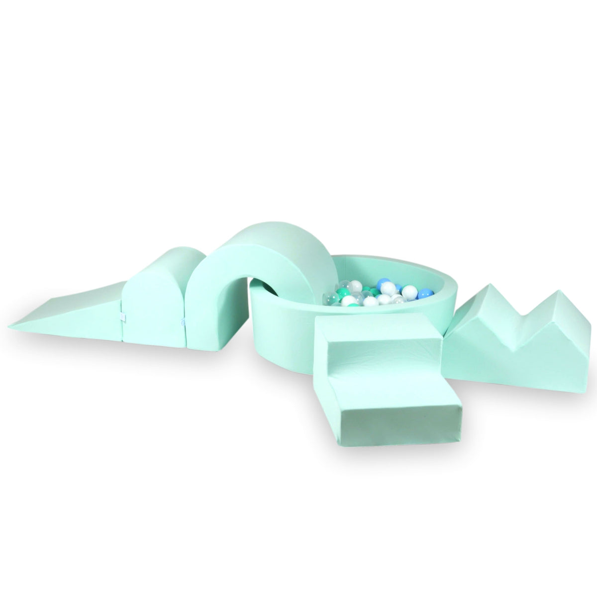 Jeu en mousse avec piscine ronde 90x30 Menthe + 5 éléments + 200 balles (transparent, blanc, menthe, bleu bébé)