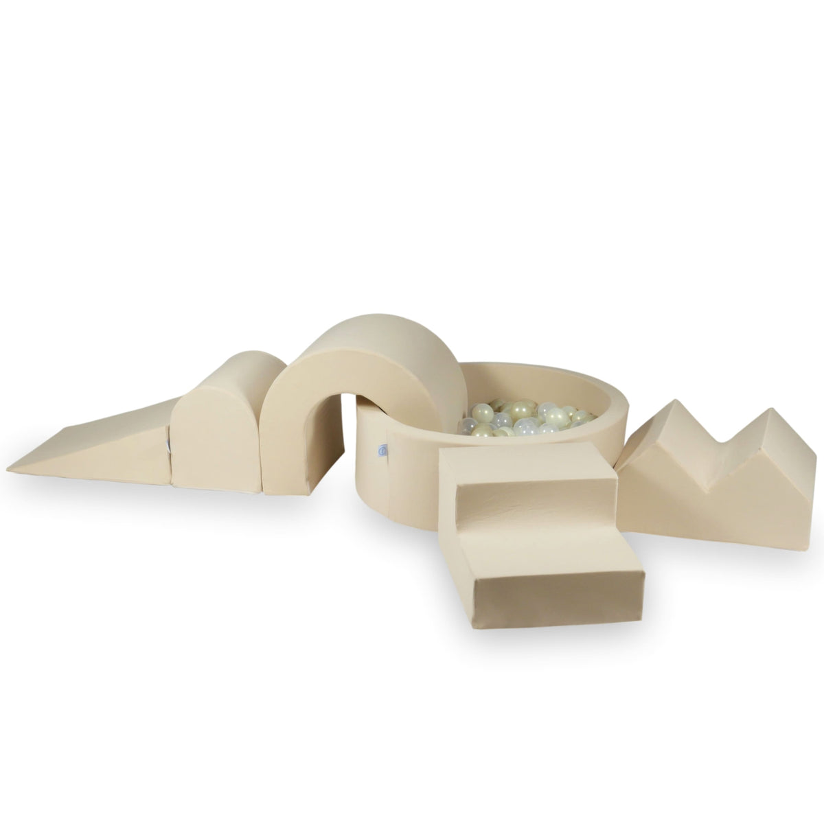 Jeux en mousse avec piscine ronde 90x30 Beige + 5 éléments + 200 balles (transparent, doré clair, effet sirène)