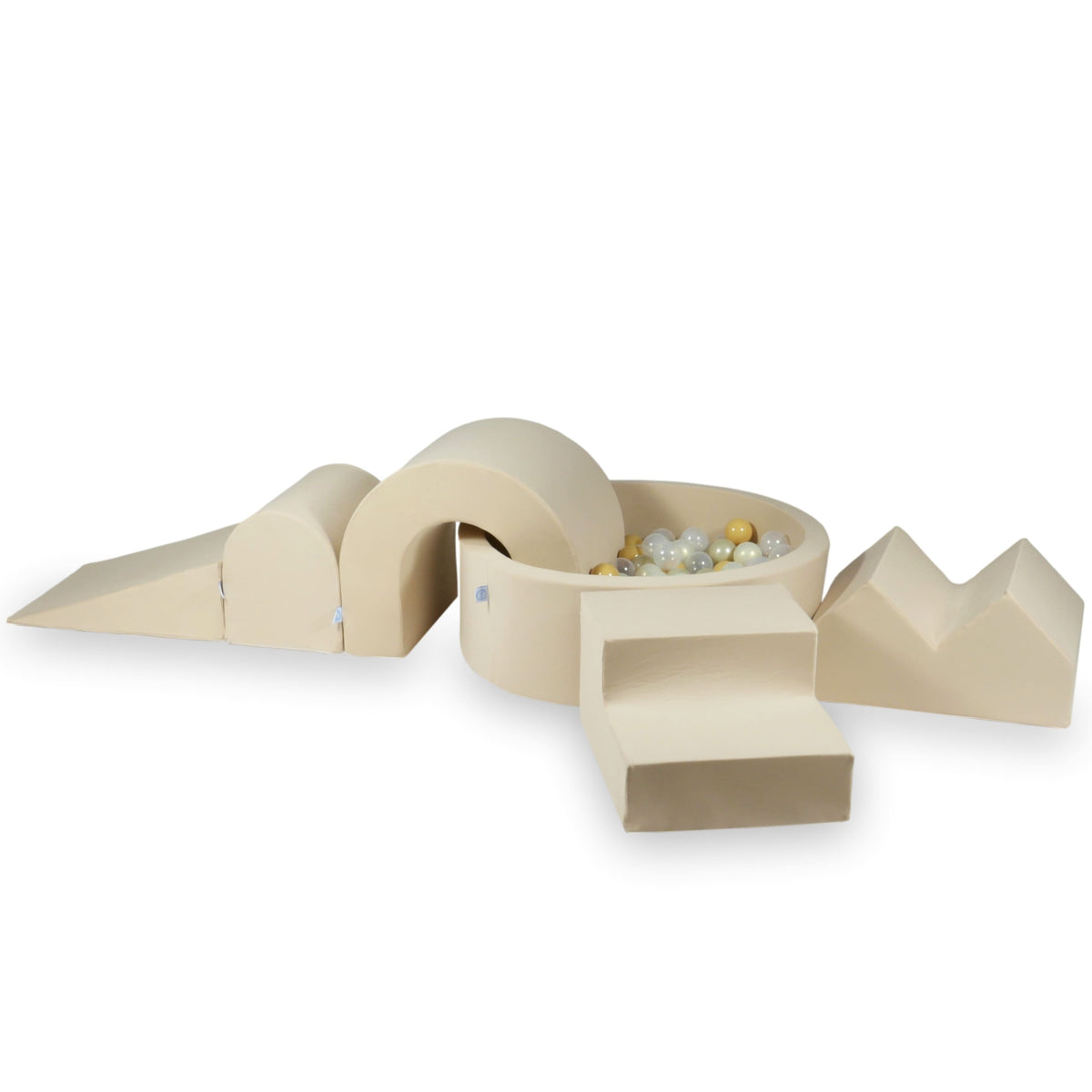 Jeux en mousse avec piscine ronde 90x30 Beige + 5 éléments + 200 balles (transparent, beige, doré clair, effet sirène)