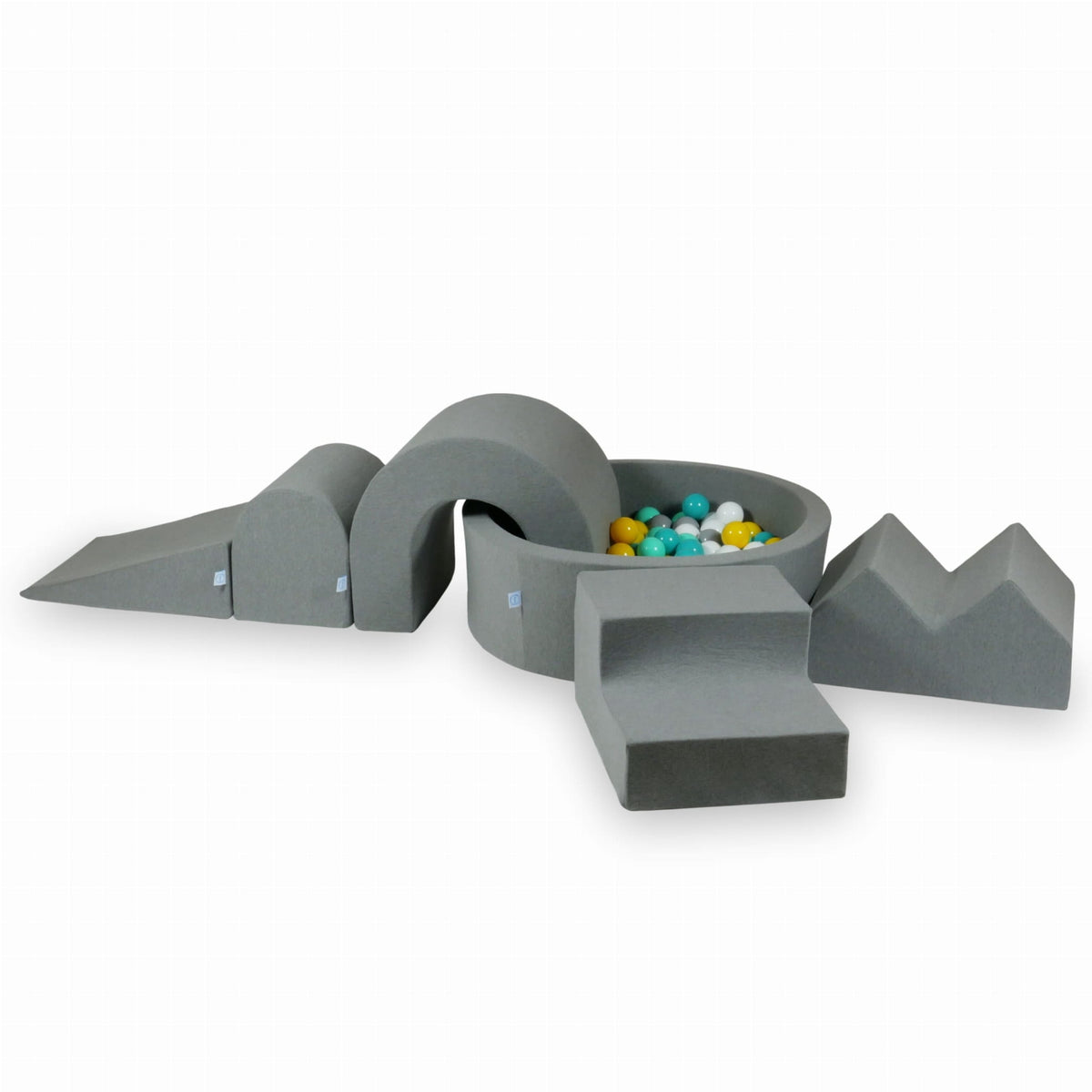 Jeux en mousse avec piscine ronde 90x30 Gris + 5 éléments + 200 balles (blanc, gris, jaune, menthe, turquoise)