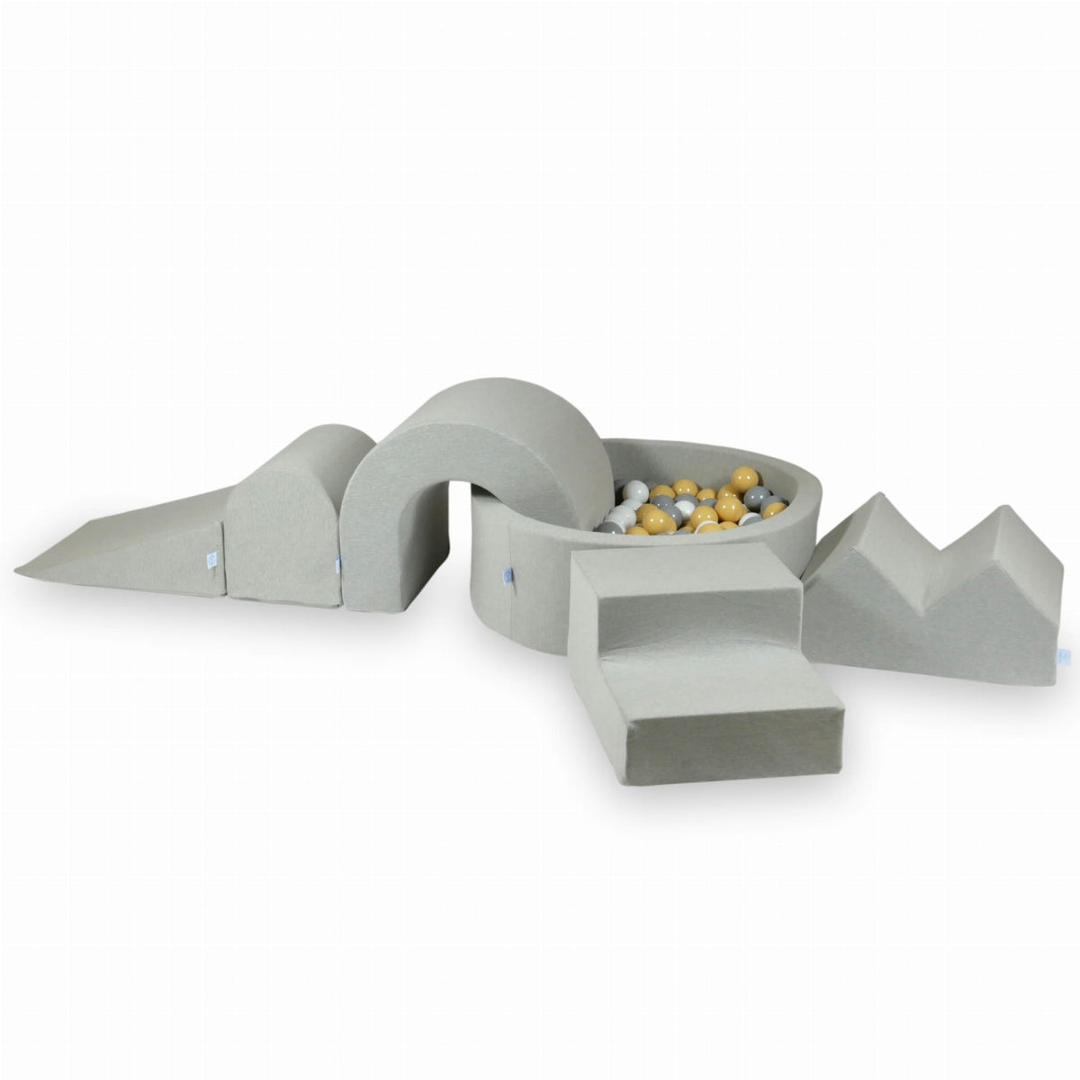 Jeux en mousse avec piscine ronde 90x30 Gris Clair + 5 éléments + 200 balles (blanche, grise, beige)