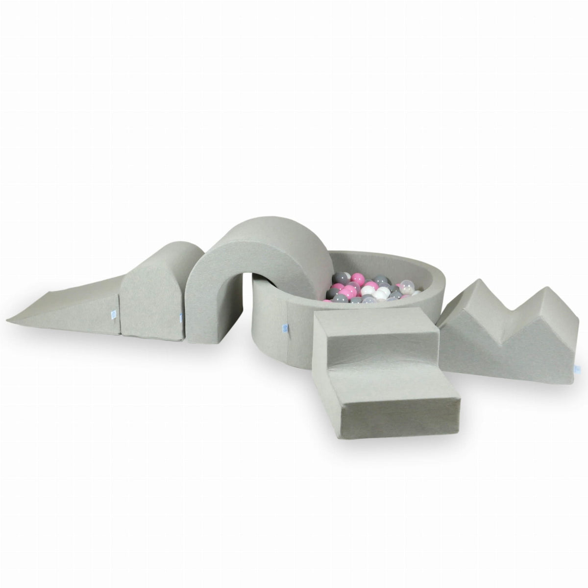 Ensemble de jeu en mousse avec piscine ronde 90x30 Gris Clair + 5 éléments + 200 balles (transparent, blanc, gris, rose poudré)
