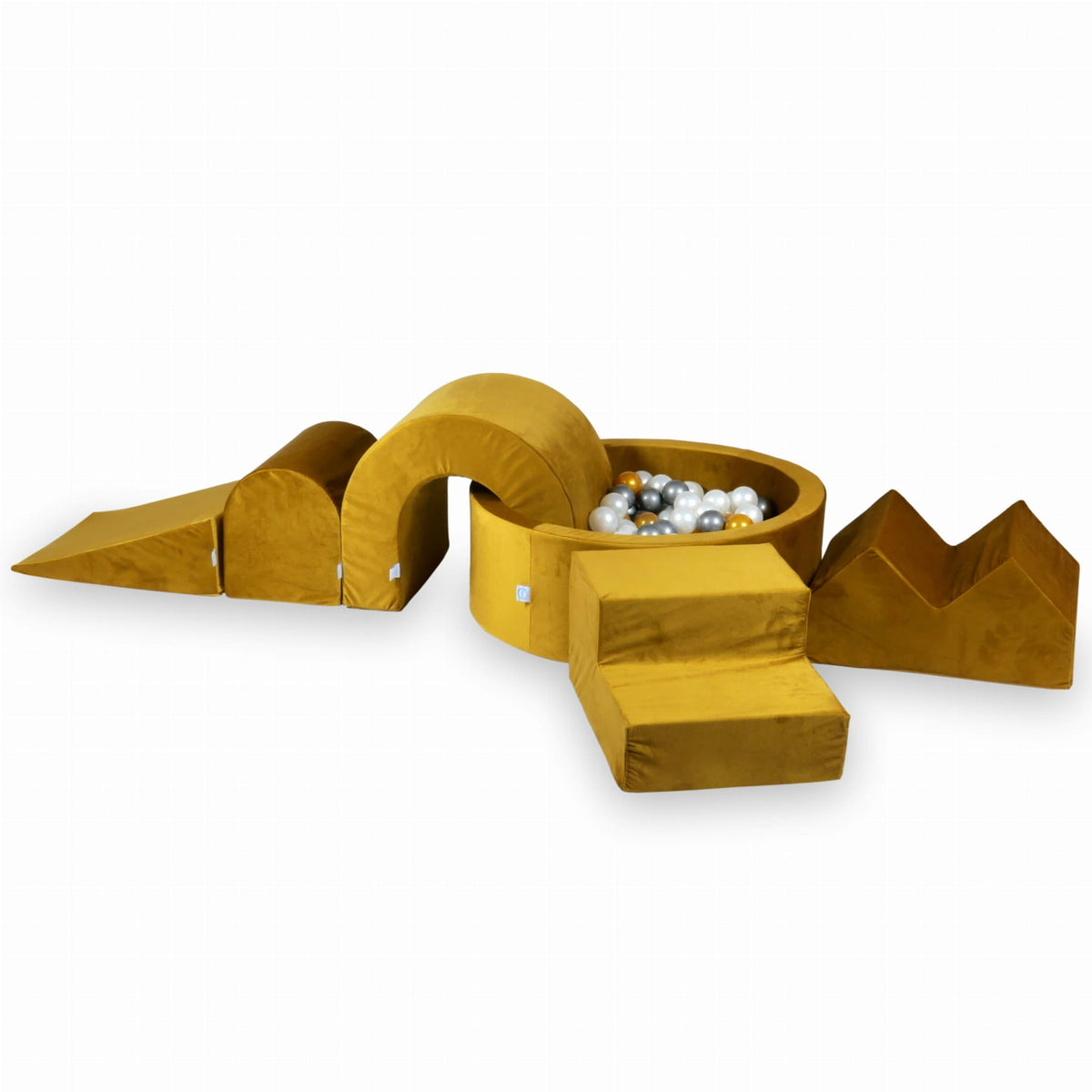 Jeu en mousse avec piscine ronde 90x30 Velvet Gold + 5 éléments + 200 balles (perle, argent, or)