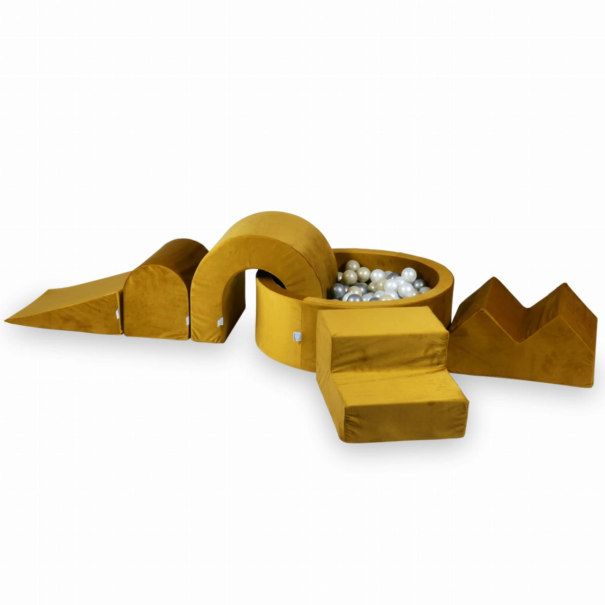 Jeu en mousse avec piscine ronde 90x30 Velvet Gold + 5 éléments + 200 balles (perle, argent, or clair)