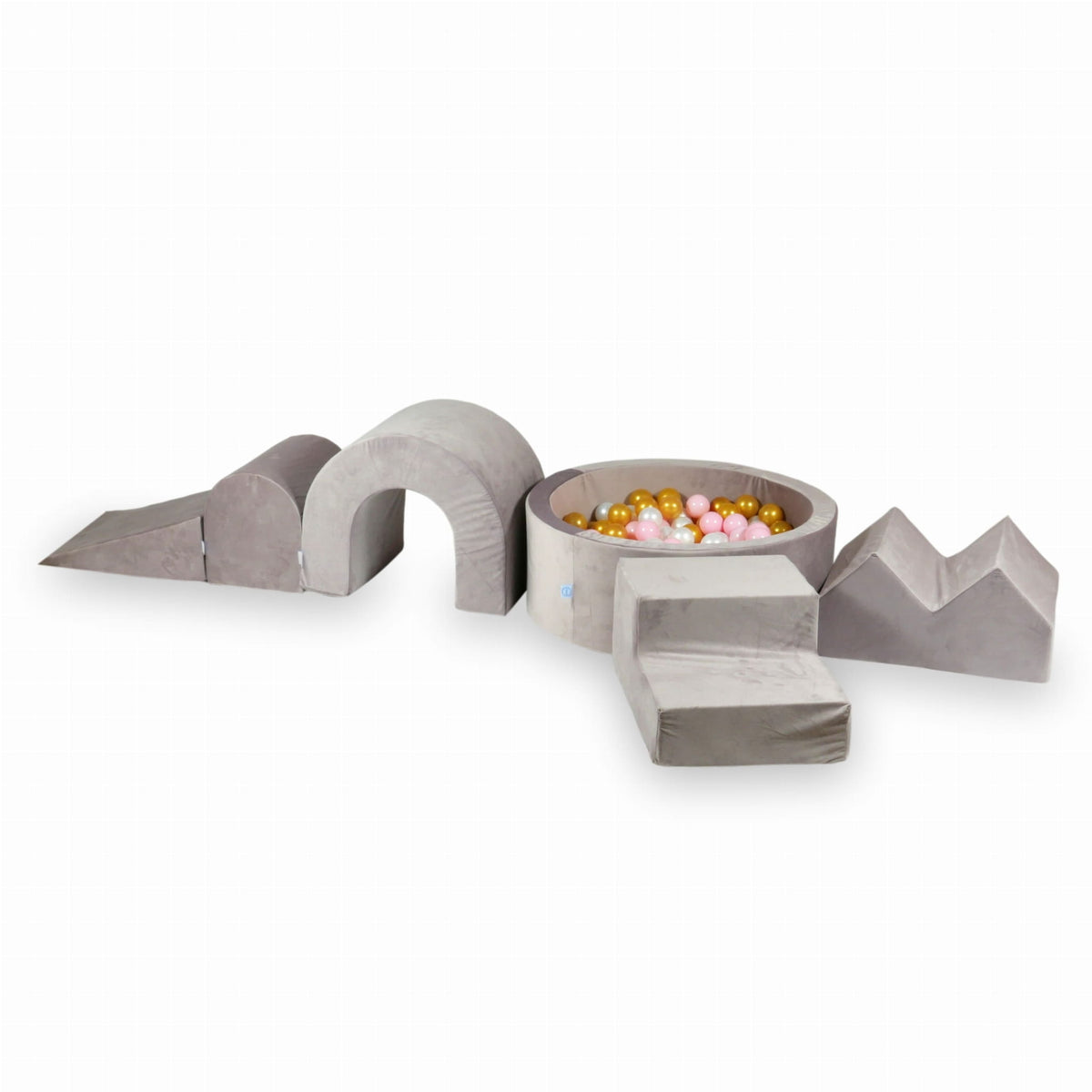 Ensemble de jeux en mousse avec piscine ronde 90x30 Velvet Lila + 5 éléments + 200 balles (perle, rose bébé, doré)