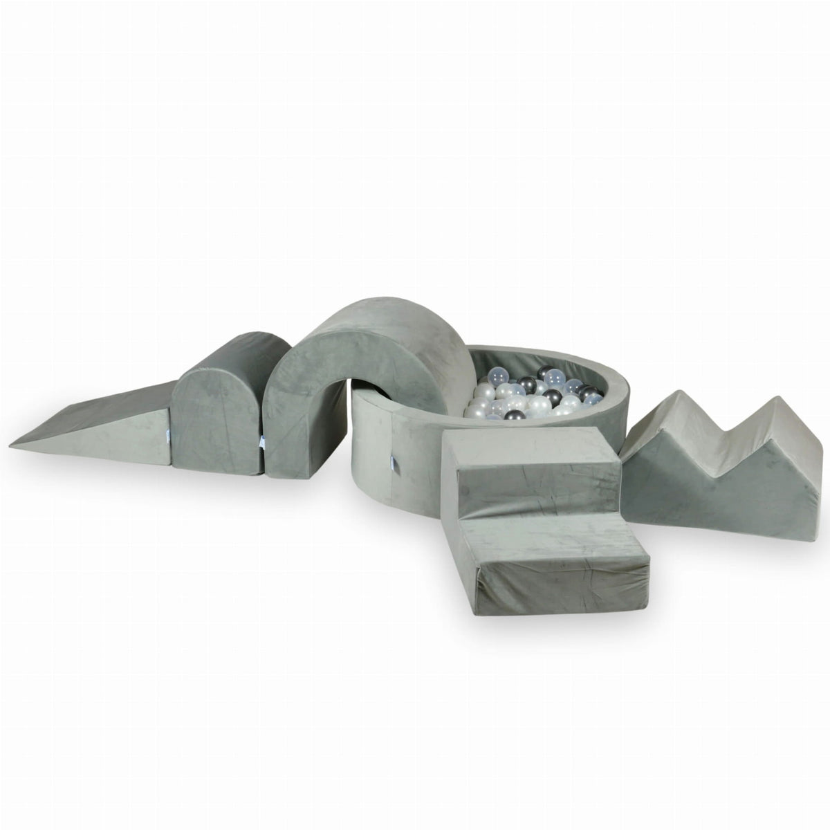 Ensemble de jeux en mousse avec piscine ronde 90x30 Gris Velours + 5 éléments + 200 balles (transparent, nacré, graphite métallisé)