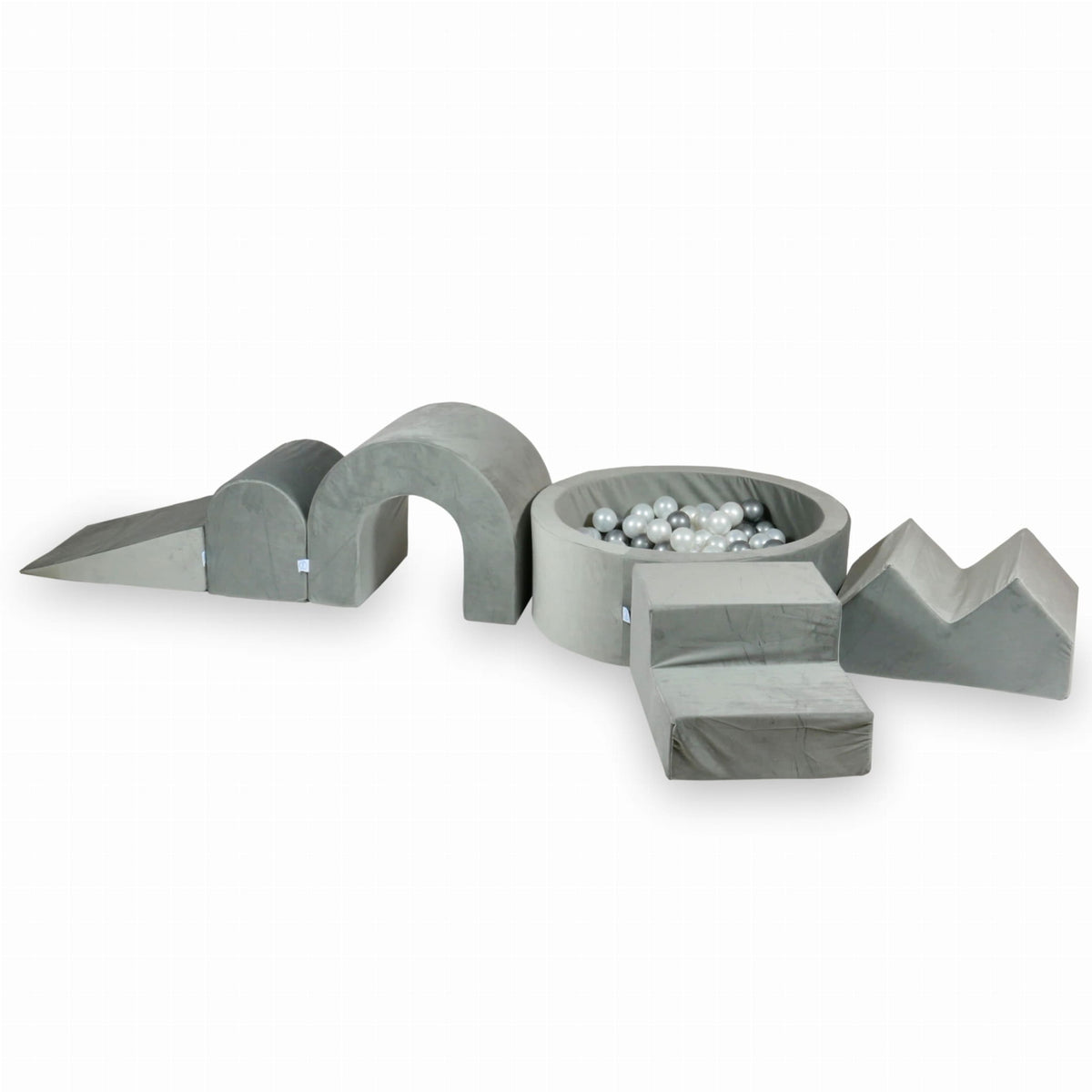 Ensemble de jeux en mousse avec piscine ronde 90x30 Velours Gris + 5 éléments + 200 balles (perle, argent)
