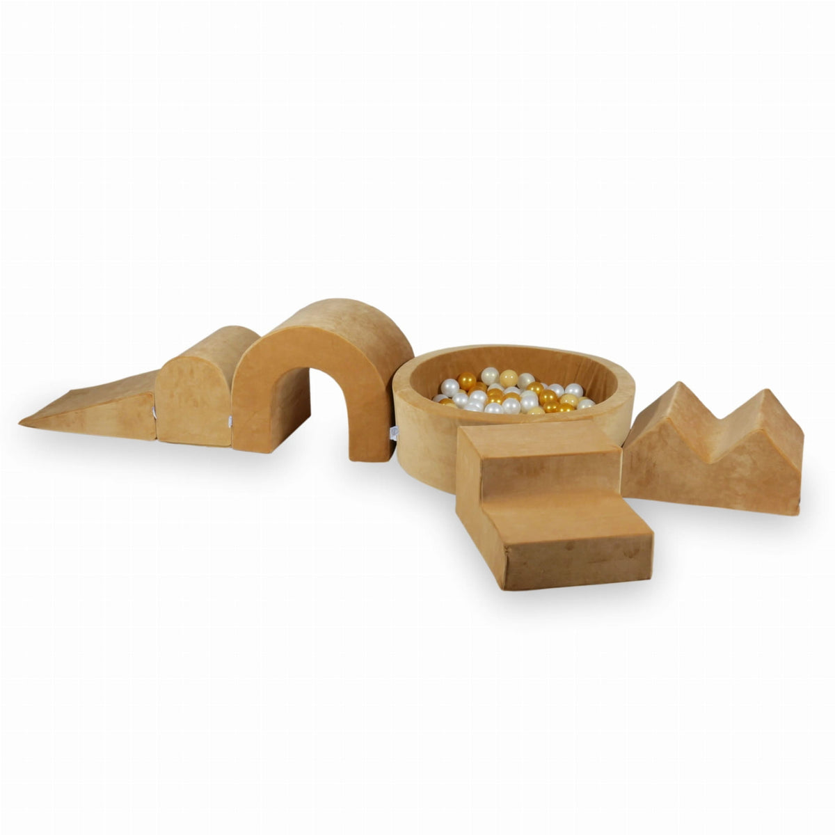 Jeu en mousse avec piscine ronde 90x30 Velvet Soft Carmel + 5 éléments + 200 balles (or, perle)