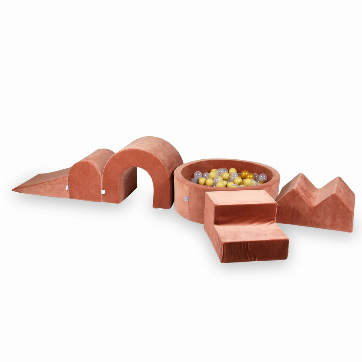 Jeu en mousse avec piscine ronde 90x30 Velvet Soft Canyon Clay + 5 éléments + 200 balles (transparent, beige, doré)