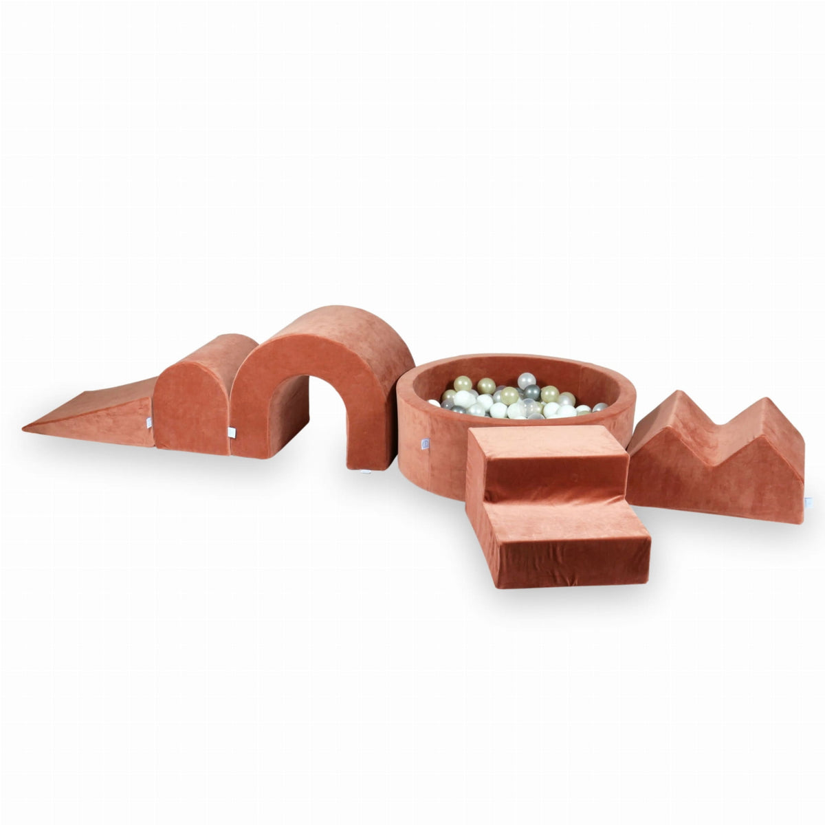 Jeu en mousse avec piscine ronde 90x30 Velvet Soft Canyon Clay + 5 éléments + 200 balles (transparent, blanc, perle, argent, or clair)