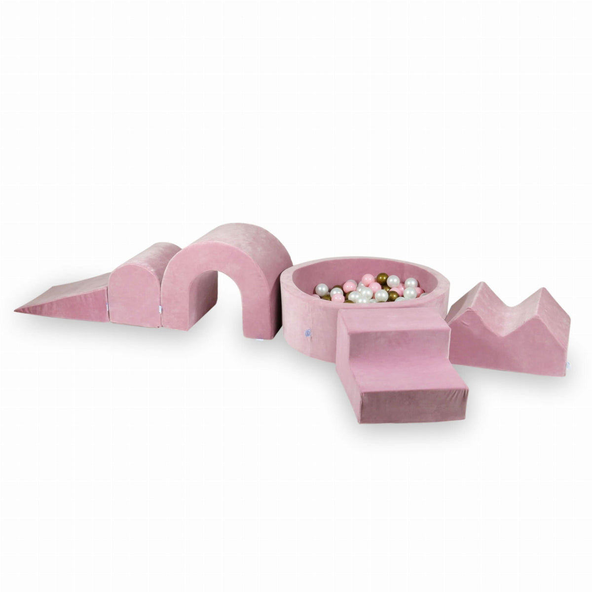 Ensemble de jeu en mousse avec piscine ronde 90x30 Velvet Soft Pink + 5 éléments + 200 balles (perle, rose bébé, vieil or)