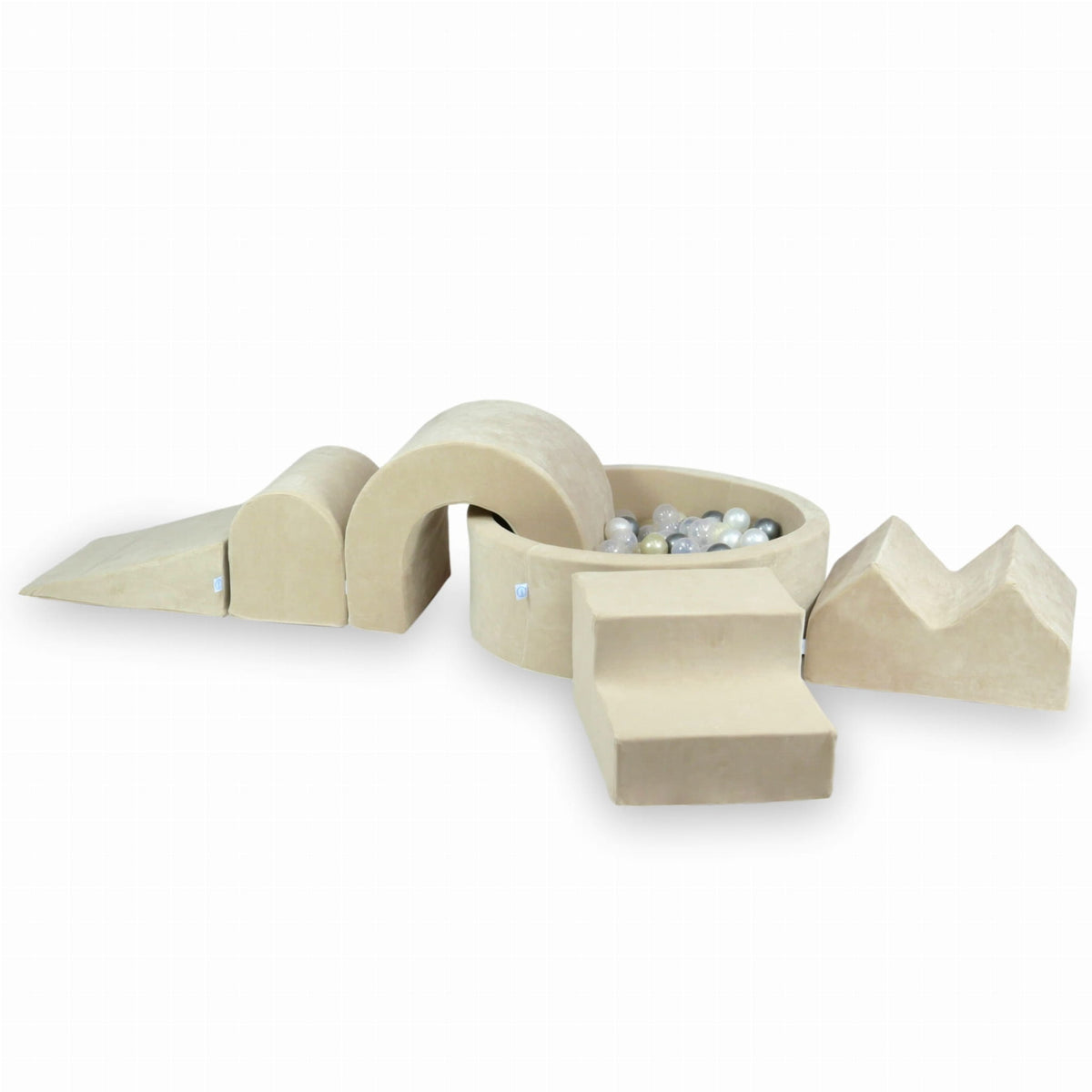 Ensemble de jeux en mousse avec piscine ronde 90x30 Velvet Soft Beige + 5 éléments + 200 balles (transparent, perle, argent, or clair)