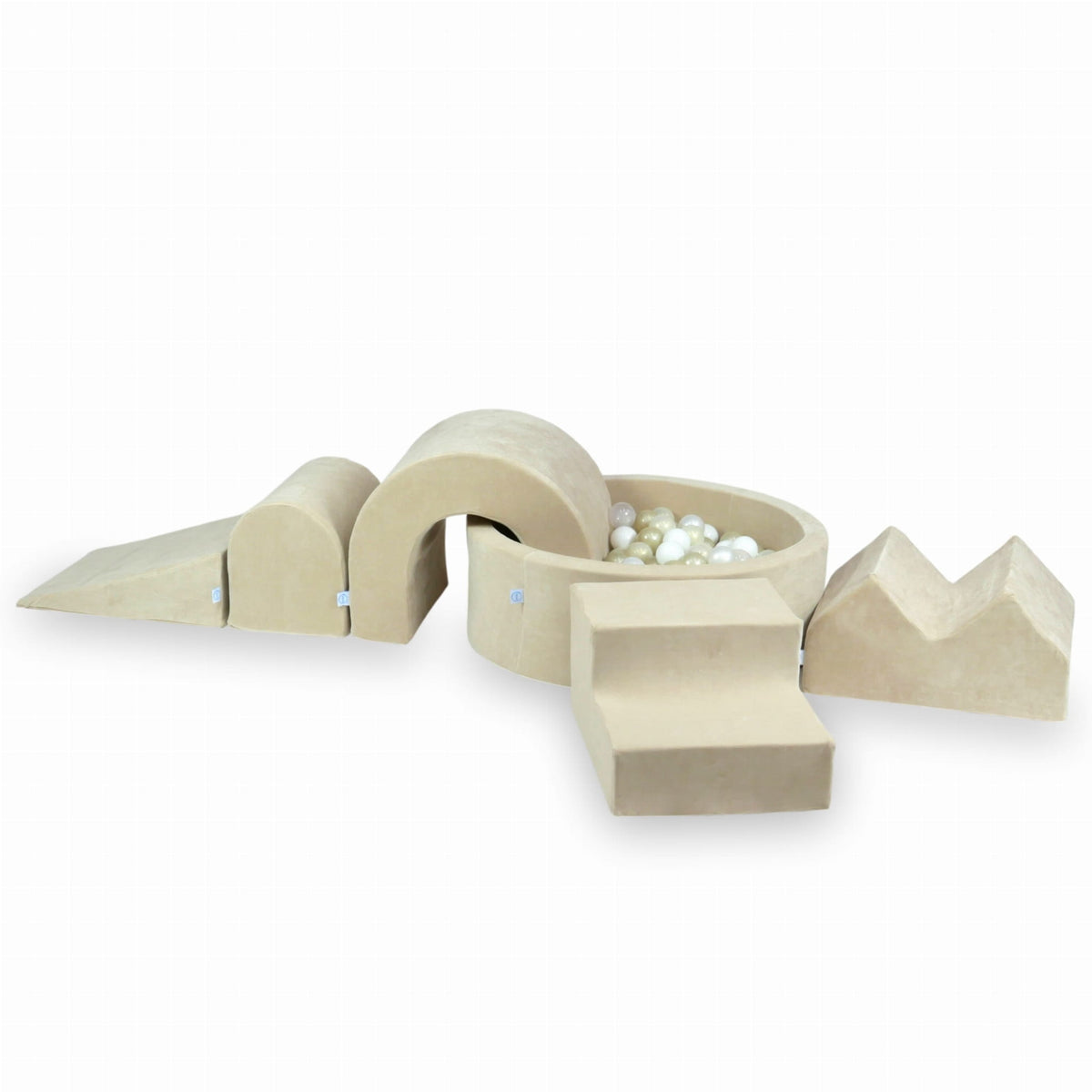Ensemble de jeux en mousse avec piscine ronde 90x30 Velvet Soft Beige + 5 éléments + 200 balles (transparent, blanc, perle, or clair)