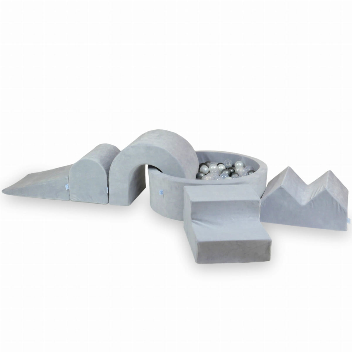 Ensemble de jeu en mousse avec piscine ronde 90x30 Velvet Soft Light Grey + 5 éléments + 200 balles (transparent, perle, argent, graphite métallisé)