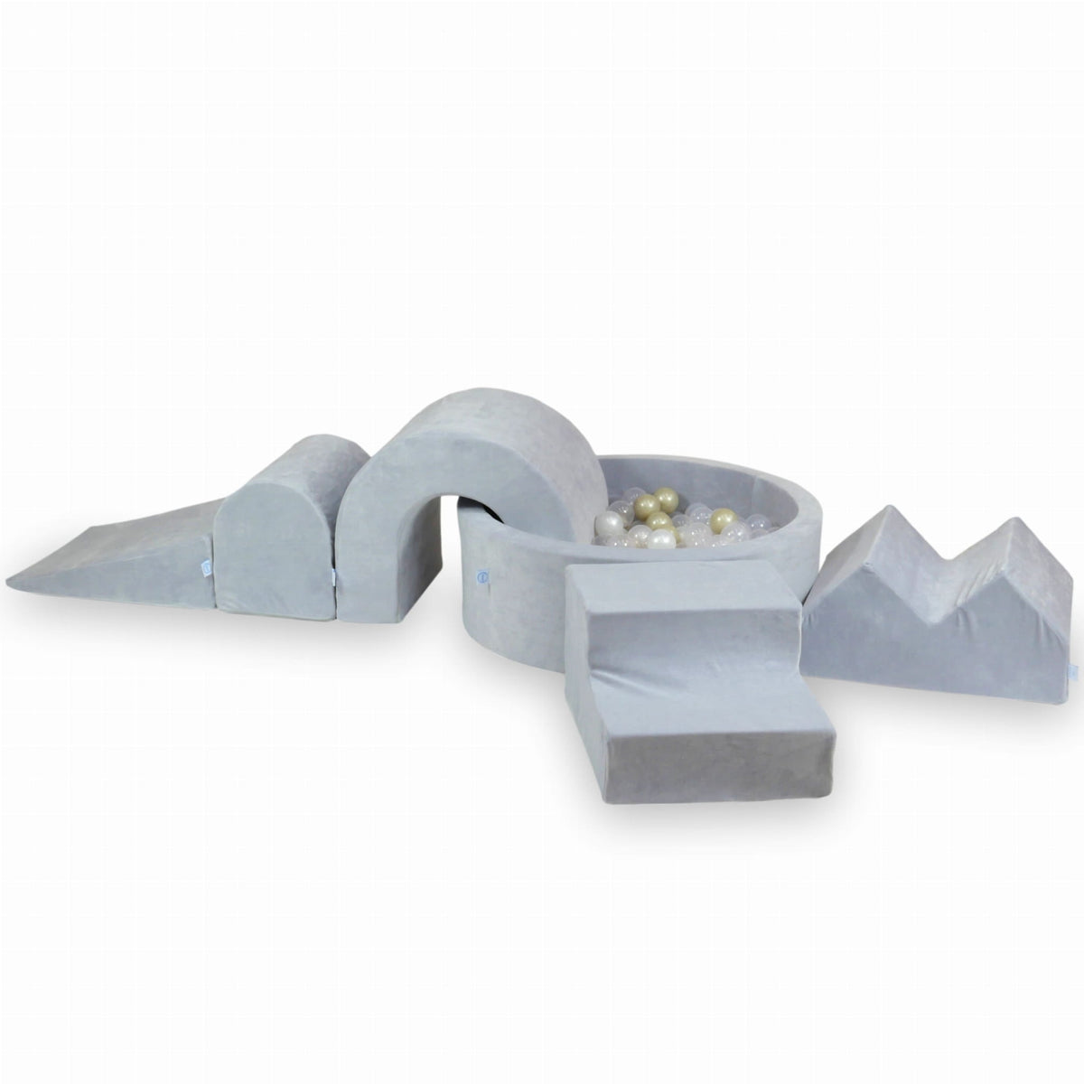 Ensemble de jeu en mousse avec piscine ronde 90x30 Velvet Soft Light Grey + 5 éléments + 200 balles (transparent, perle, or clair)