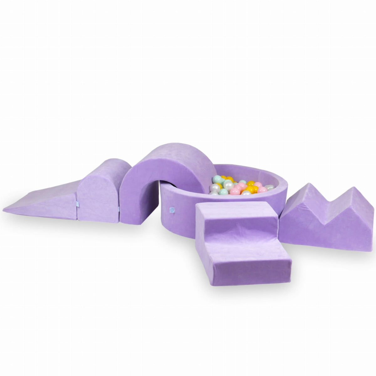Ensemble de jeu en mousse avec piscine ronde 90x30 Velvet Soft Violet + 5 éléments + 200 balles (perle, rose bébé, jaune, menthe clair)
