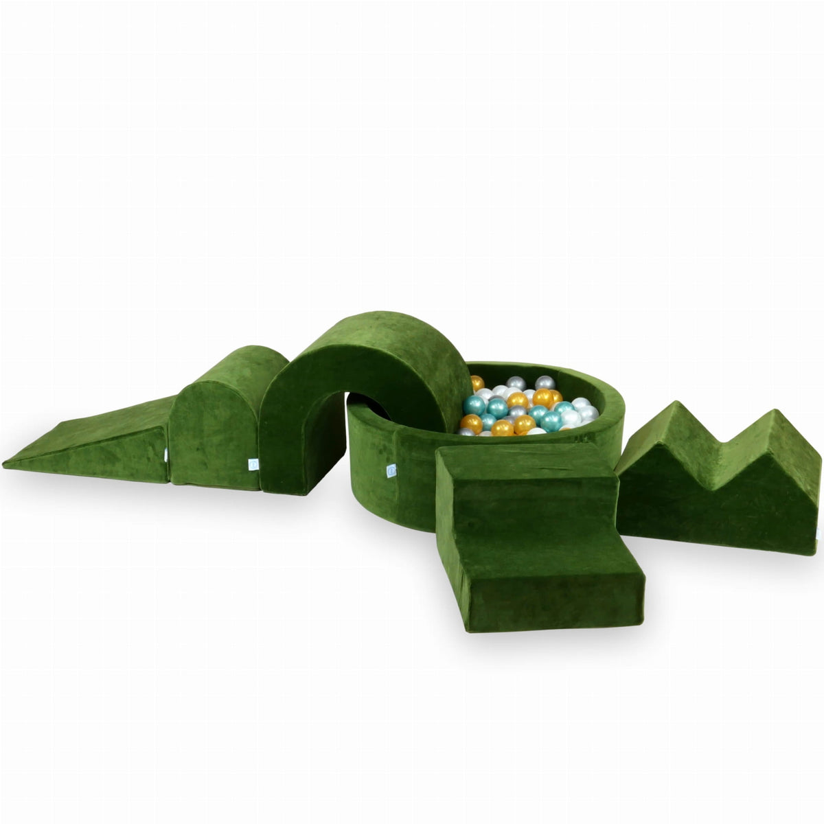 Jeu en mousse avec piscine ronde 90x30 Velvet Soft Olive + 5 éléments + 200 balles (perle, argent, or, turquoise métallisé)