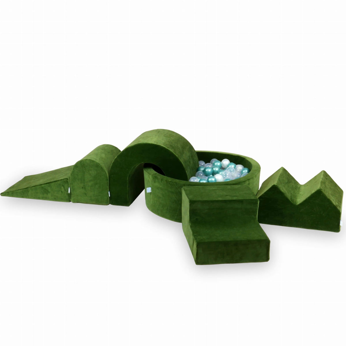 Ensemble de jeu en mousse avec piscine ronde 90x30 Velvet Soft Olive + 5 éléments + 200 balles (transparent, perle, turquoise métallisé)
