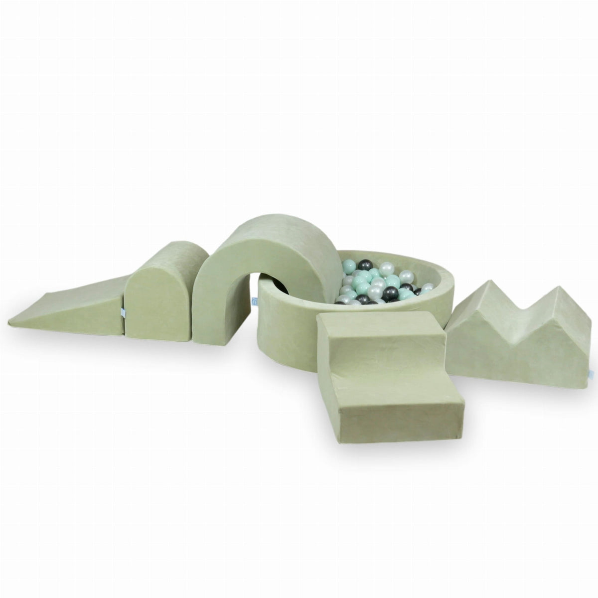 Ensemble de jeu en mousse avec piscine ronde 90x30 Velvet Soft Light Mint + 5 éléments + 200 balles (perle, menthe clair, graphite métallisé)