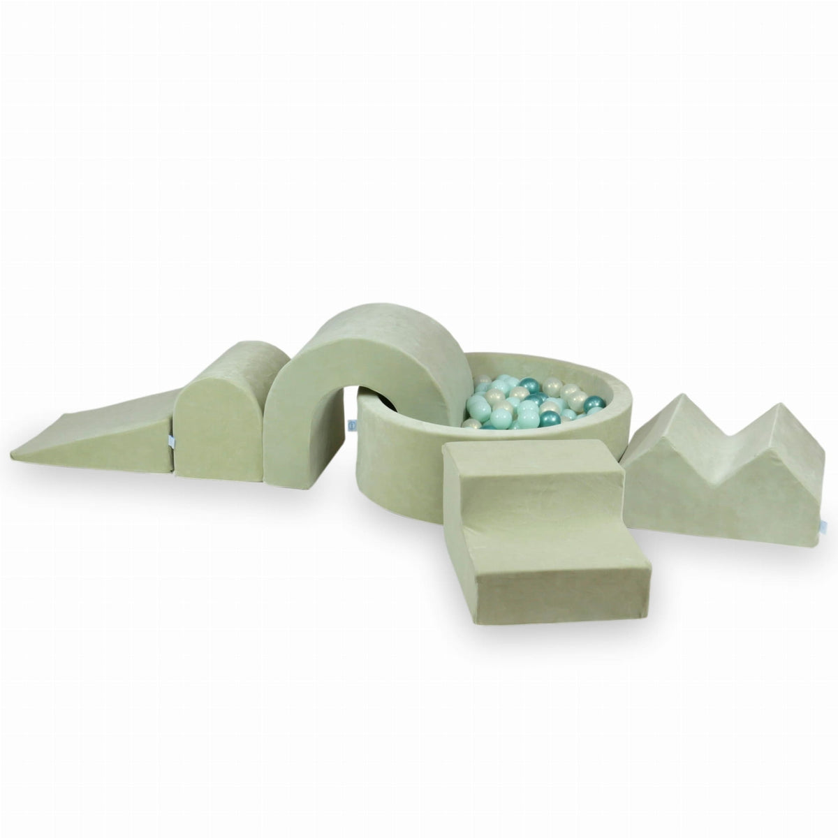 Ensemble de jeux en mousse avec piscine ronde 90x30 Velvet Soft Light Mint + 5 éléments + 200 balles (menthe clair, effet sirène, turquoise métallisé)