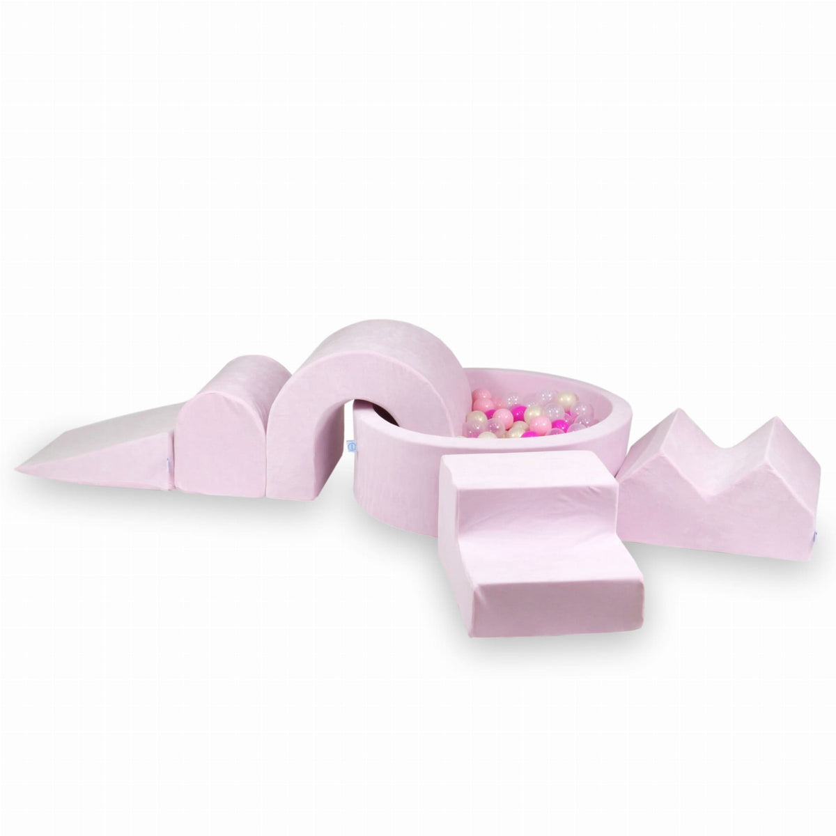Ensemble de jeu en mousse avec piscine ronde 90x30 Velvet Soft Light Pink + 5 éléments + 200 balles (transparent, effet sirène, rose bébé, rose)
