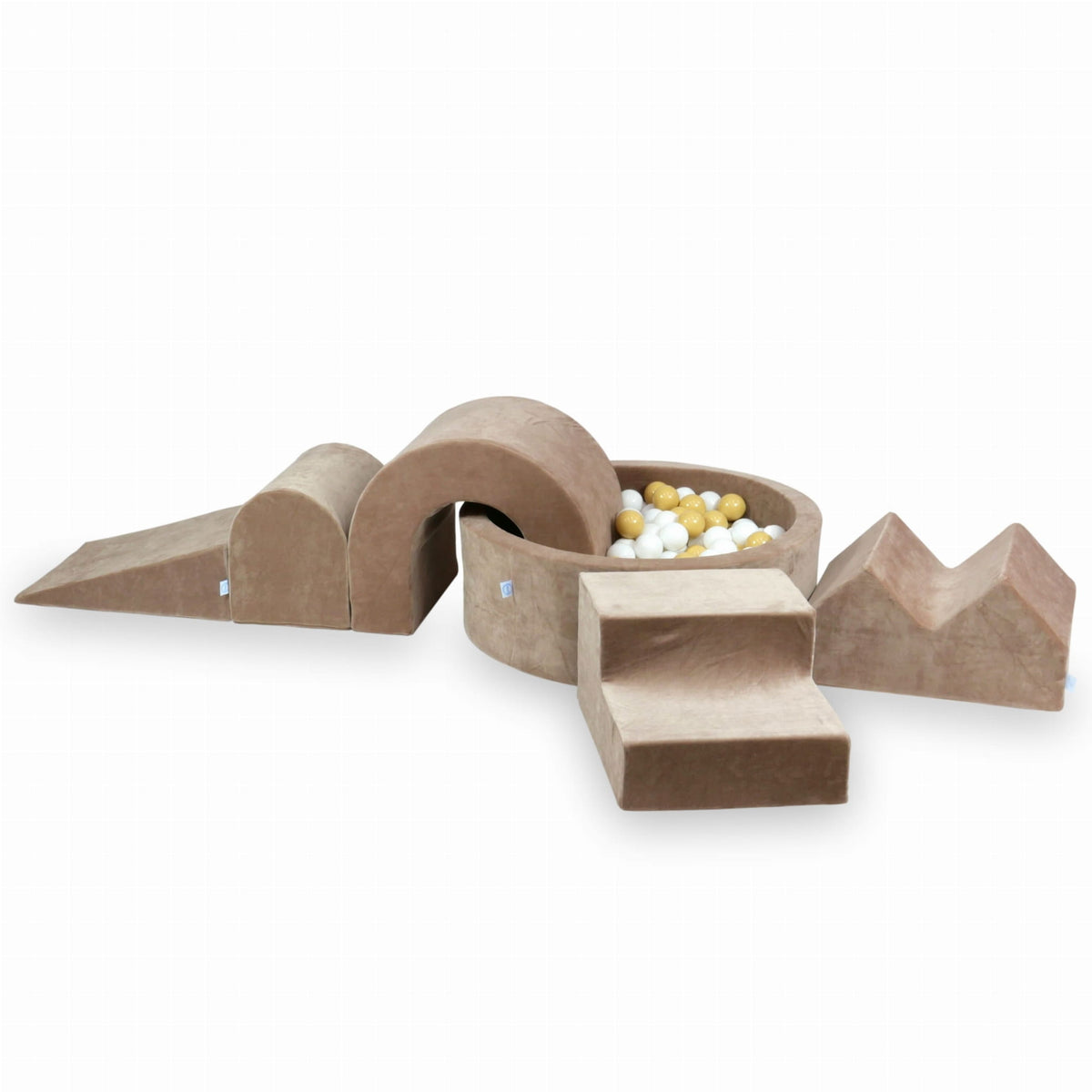 Ensemble de jeu en mousse avec piscine ronde 90x30 Velvet Soft Dark Beige + 5 éléments + 200 balles (blanc, beige)