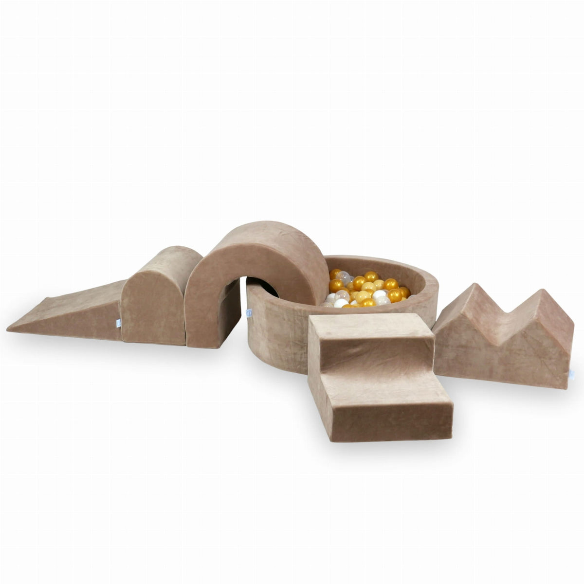Ensemble de jeux en mousse avec piscine ronde 90x30 Velvet Soft Dark Beige + 5 éléments + 200 balles (transparent, blanc, beige, doré)