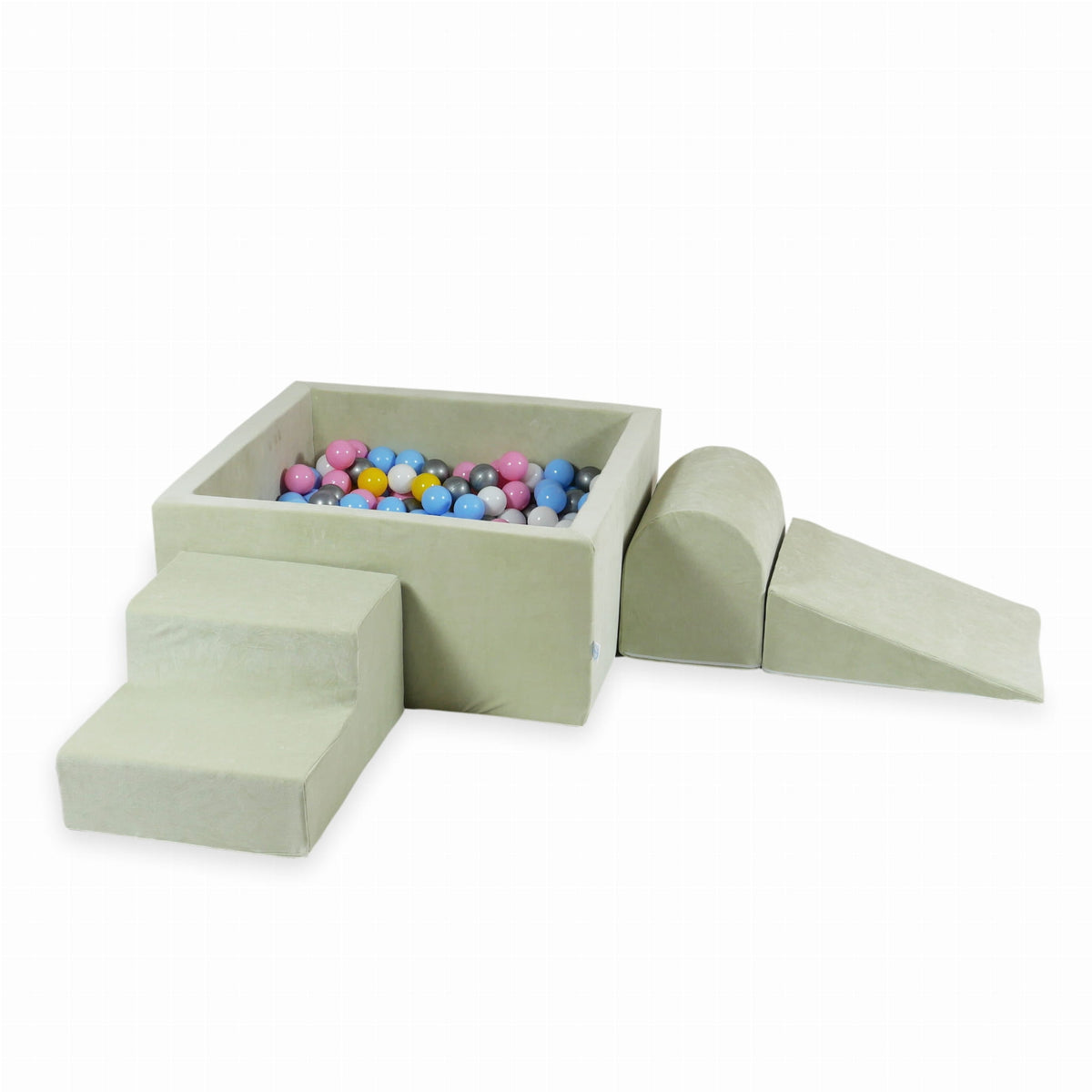 Ensemble de jeu en mousse avec piscine carrée 90x90x40 Velvet Soft Lightmint + 400 balles (blanc, argent, rose poudré, jaune, bleu bébé)