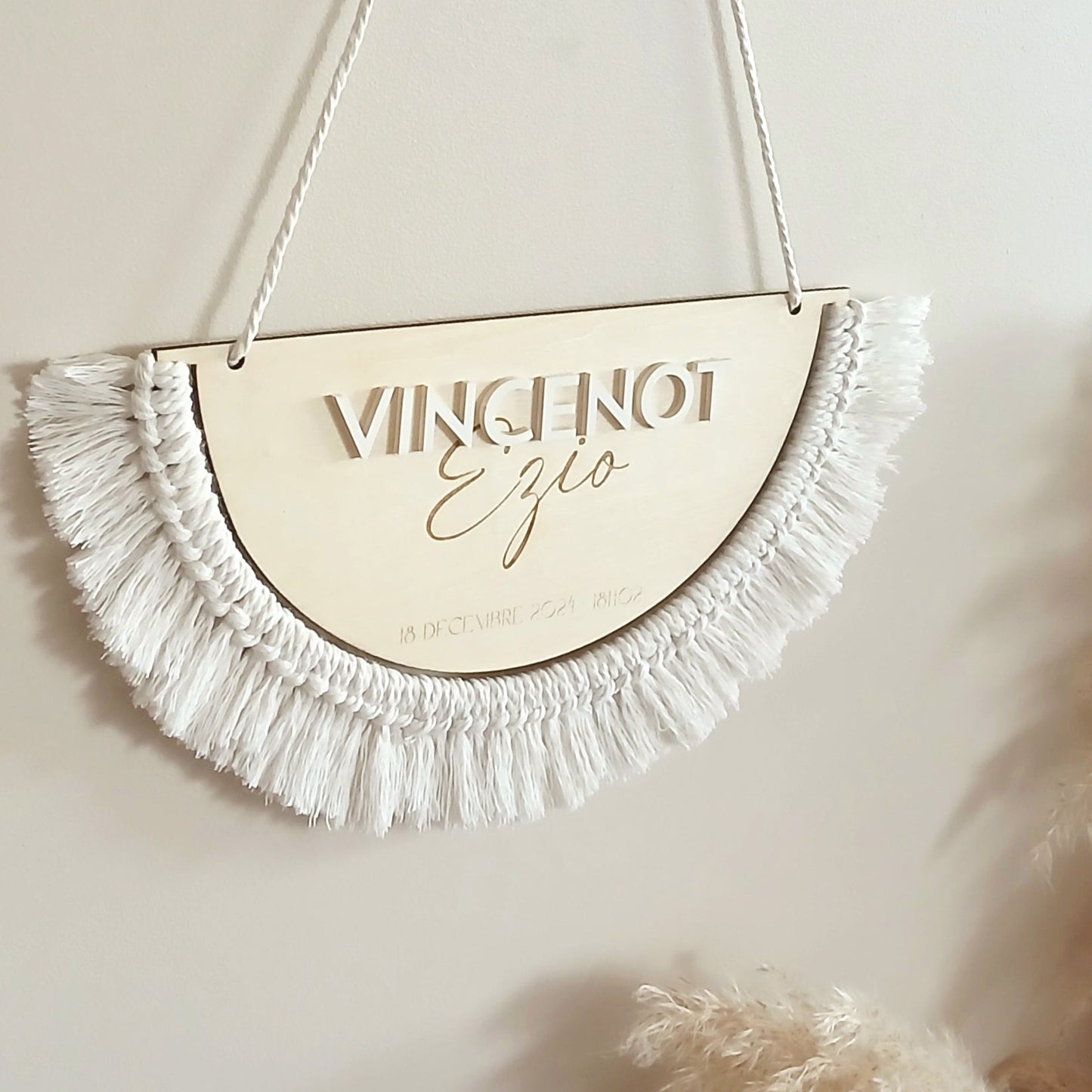 Plaque de Naissance Personnalisée | Bois & Macramé