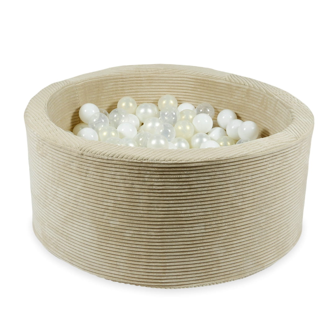 Piscine à balles 90x40 Velours côtelé beige avec boules 300 pcs (blanc, perle, transparent, effet sirène)