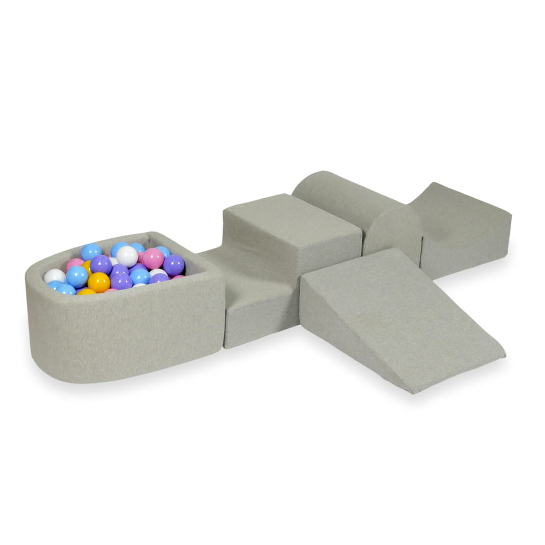 Ensemble de jeu en mousse avec colline et micro-piscine gris clair avec balles 100 pièces (bleu clair, jaune, chiné, rose poudré, blanc)