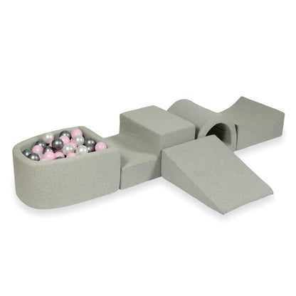 Ensemble de jeu en mousse avec pont et micro-piscine gris clair avec balles 100 pièces (perle, argent, rose clair)