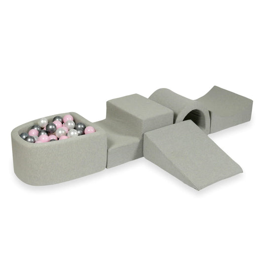 Ensemble de jeu en mousse avec pont et micro-piscine gris clair avec balles 100 pièces (perle, argent, rose clair)