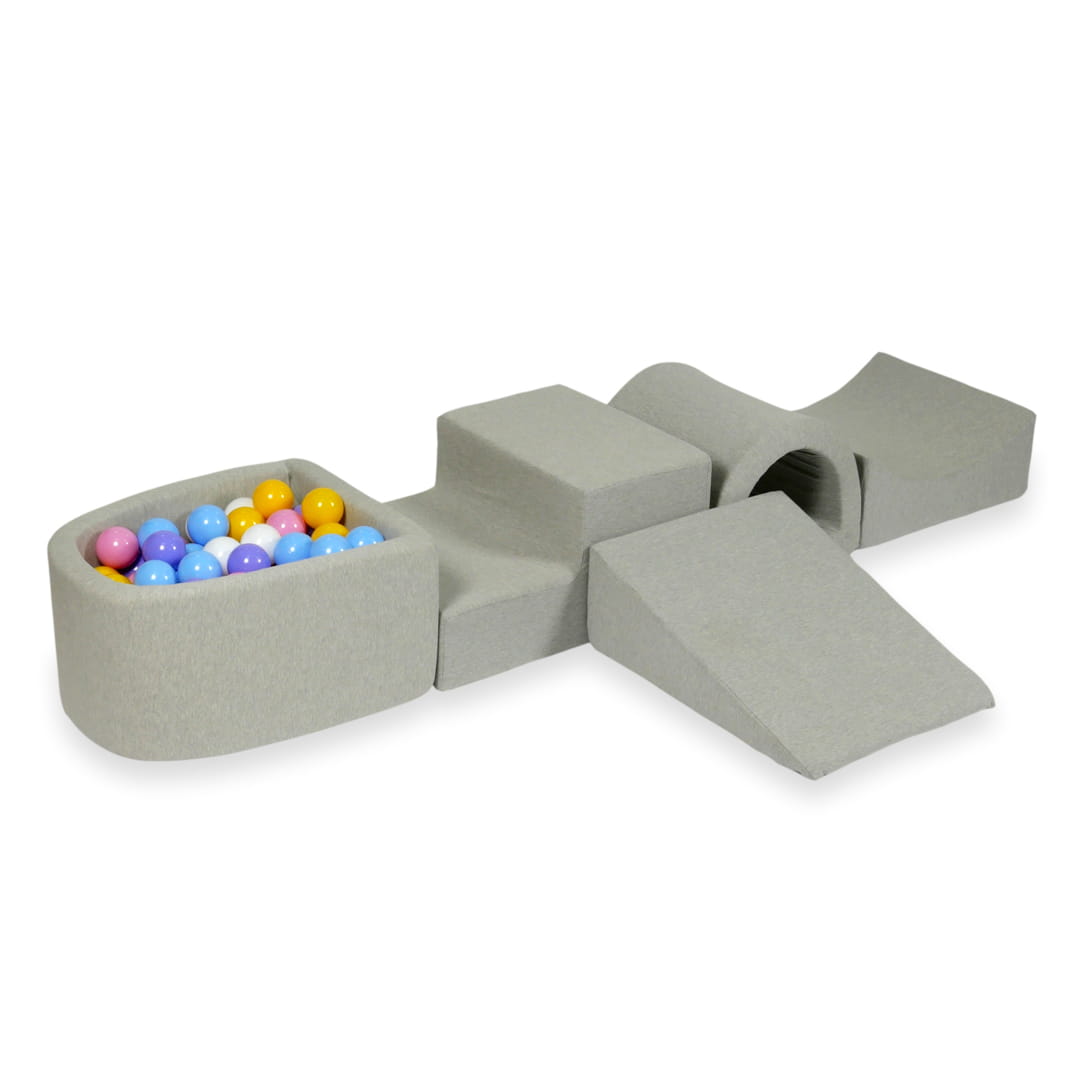 Jeu en mousse avec pont et micro-piscine gris clair avec balles 100 pièces (bleu clair, jaune, chiné, rose poudré, blanc)