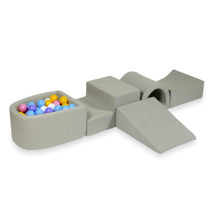Jeu en mousse avec pont et micro-piscine gris clair avec balles 100 pièces (bleu clair, jaune, chiné, rose poudré, blanc)