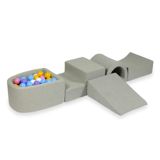 Jeu en mousse avec pont et micro-piscine gris clair avec balles 100 pièces (bleu clair, jaune, chiné, rose poudré, blanc)