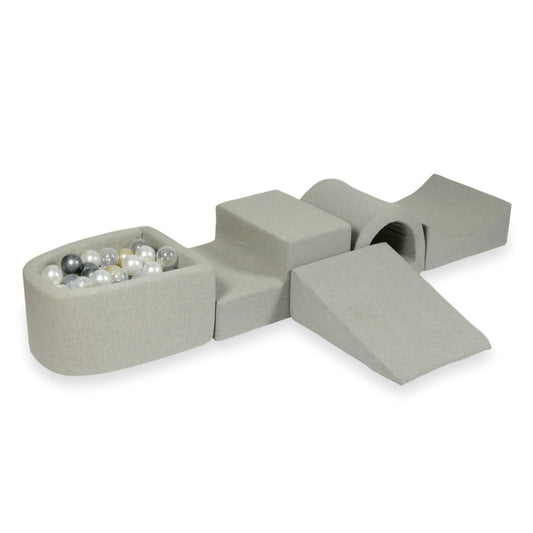 Ensemble de jeu en mousse avec pont et micro-piscine gris clair avec balles 100 pièces (or clair, perle, argent, transparent)