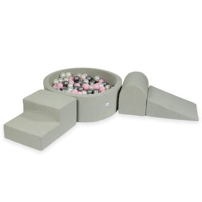 Ensemble de jeu en mousse avec piscine ronde 90x30 gris clair avec balles 200 pièces (perle, argent, rose clair)