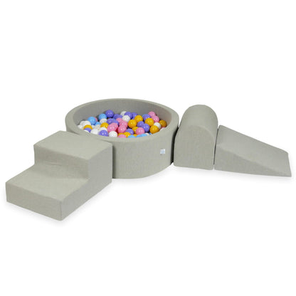 Ensemble de jeu en mousse avec piscine ronde 90x30 gris clair avec balles 200 pcs (bleu clair, jaune, chiné, rose poudré, blanc)