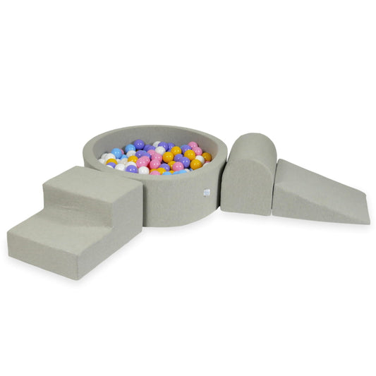 Ensemble de jeu en mousse avec piscine ronde 90x30 gris clair avec balles 200 pcs (bleu clair, jaune, chiné, rose poudré, blanc)