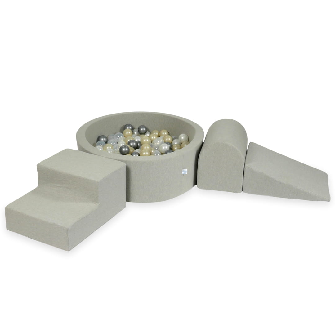 Ensemble de jeu en mousse avec piscine ronde 90x30 gris clair avec balles 200 pièces (or clair, perle, argent, transparent)