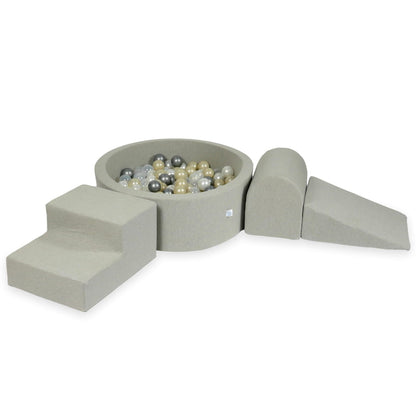 Ensemble de jeu en mousse avec piscine ronde 90x30 gris clair avec balles 200 pièces (or clair, perle, argent, transparent)