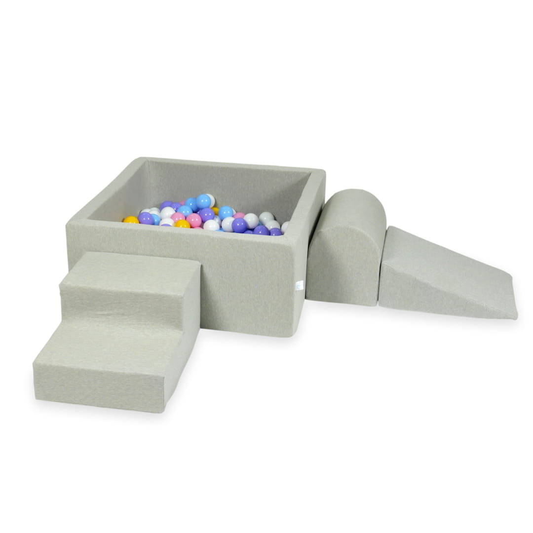 Ensemble de jeu en mousse avec piscine carrée 90x90x40 gris clair avec balles 400 pcs (bleu clair, jaune, chiné, rose poudré, blanc)