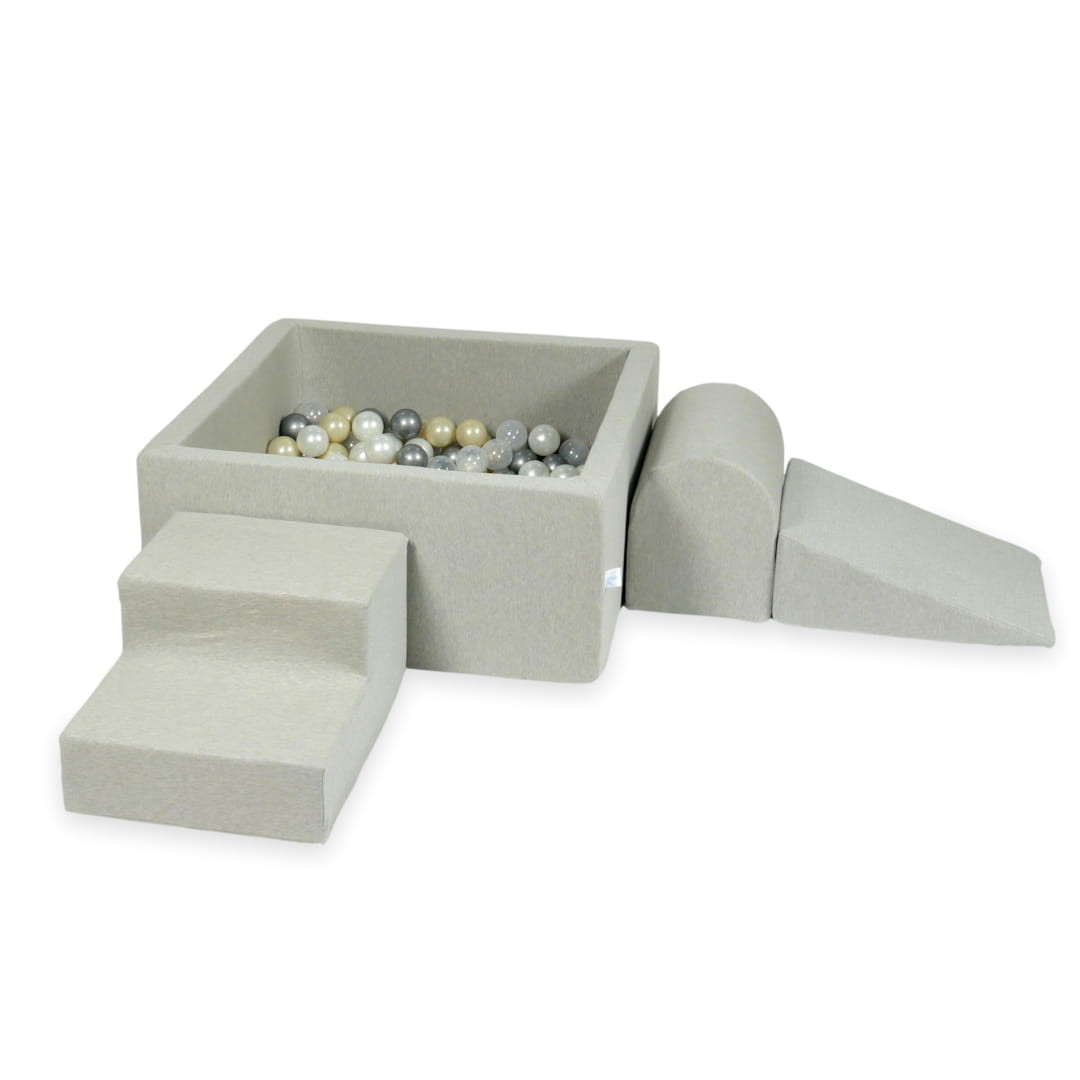 Ensemble de jeu en mousse avec piscine carrée 90x90x40 gris clair avec balles 400 pièces (or clair, perle, argent, transparent)